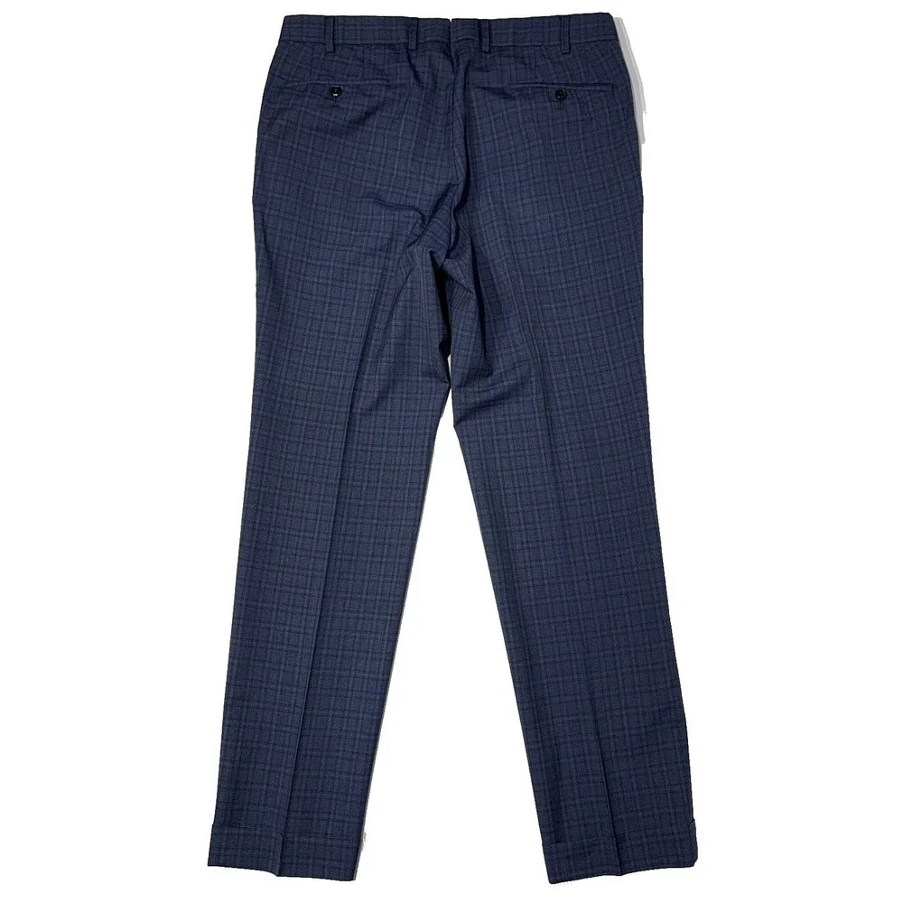 HILTL 100% Italian Wool Flat Front Dress Pants Blue Plaid Cuffed Men Size 36x32